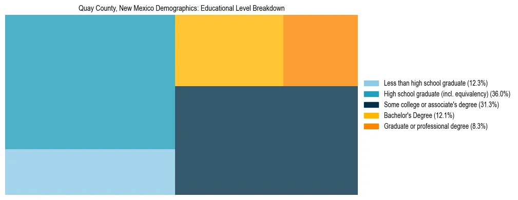 Treemap chart illustrating the educational attainment breakdown for population 25 years and over in Quay County, New Mexico.
