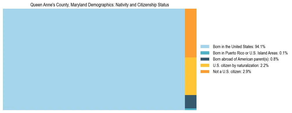 Treemap showing the population distribution by nativity and citizenship status in Queen Anne's County, Maryland based on U.S. Census data.