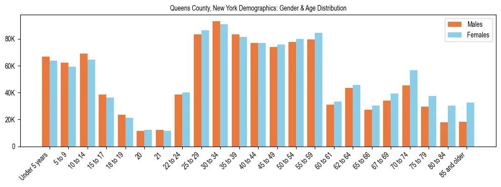 Bar chart showing the population distribution of Queens County, New York by age group and gender, based on 2023 ACS data.