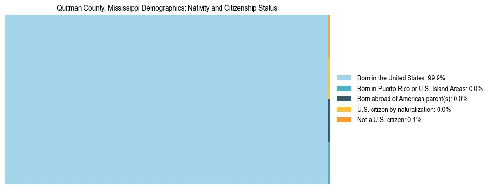Treemap showing the population distribution by nativity and citizenship status in Quitman County, Mississippi based on U.S. Census data.