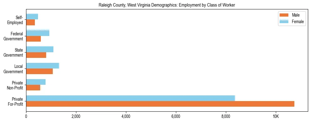 Horizontal bar chart showing employment distribution by class of worker and gender in Raleigh County, West Virginia, based on 2023 ACS data.
