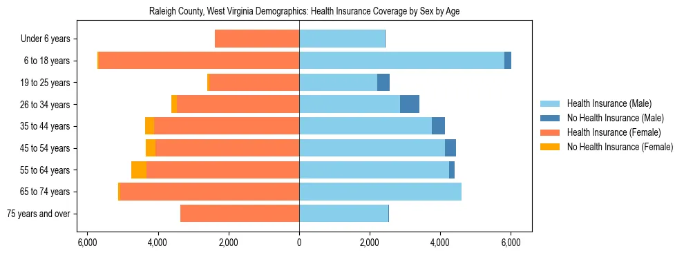 Pyramid chart showing health insurance coverage by age and sex in Raleigh County, West Virginia.