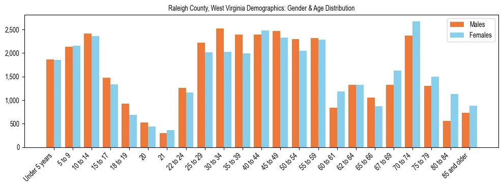 Bar chart showing the population distribution of Raleigh County, West Virginia by age group and gender, based on 2023 ACS data.
