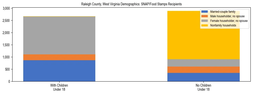 Stacked bar chart showing SNAP/Food Stamps recipient household composition by presence of children under 18 in Raleigh County, West Virginia, based on 2023 ACS data.