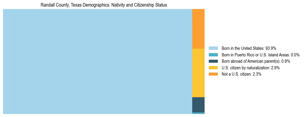 Treemap showing the population distribution by nativity and citizenship status in Randall County, Texas based on U.S. Census data.