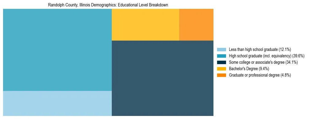 Treemap chart illustrating the educational attainment breakdown for population 25 years and over in Randolph County, Illinois.