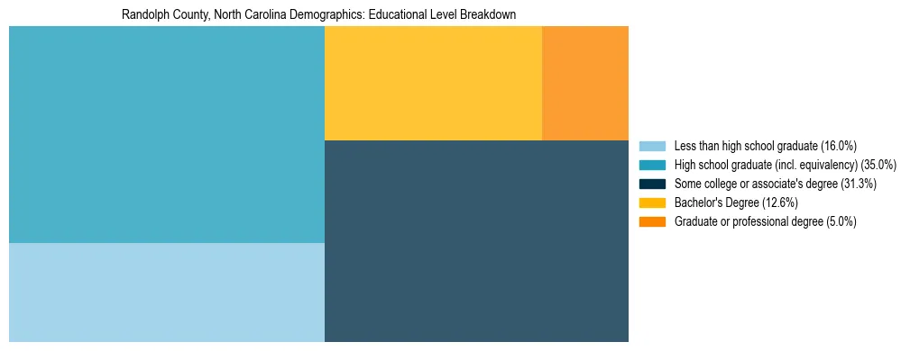 Treemap chart illustrating the educational attainment breakdown for population 25 years and over in Randolph County, North Carolina.