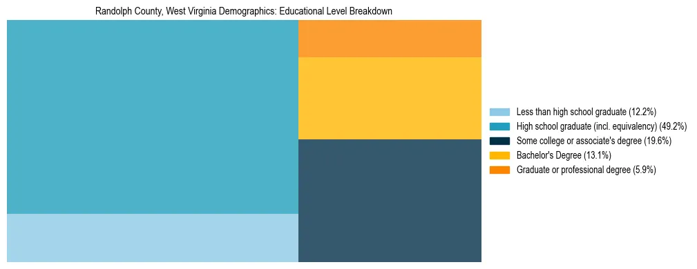 Treemap chart illustrating the educational attainment breakdown for population 25 years and over in Randolph County, West Virginia.