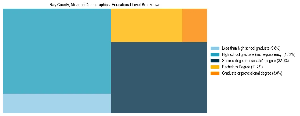 Treemap chart illustrating the educational attainment breakdown for population 25 years and over in Ray County, Missouri.