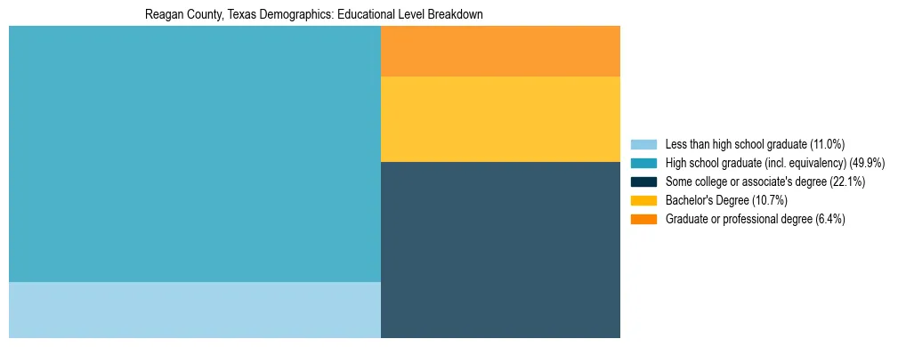 Treemap chart illustrating the educational attainment breakdown for population 25 years and over in Reagan County, Texas.