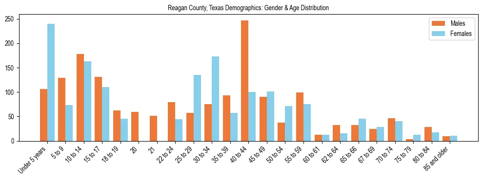 Bar chart showing the population distribution of Reagan County, Texas by age group and gender, based on 2023 ACS data.