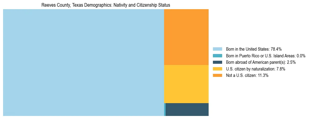 Treemap showing the population distribution by nativity and citizenship status in Reeves County, Texas based on U.S. Census data.