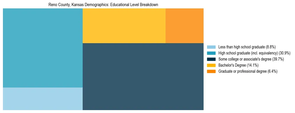 Treemap chart illustrating the educational attainment breakdown for population 25 years and over in Reno County, Kansas.