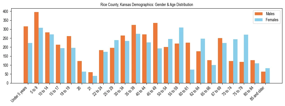Bar chart showing the population distribution of Rice County, Kansas by age group and gender, based on 2023 ACS data.