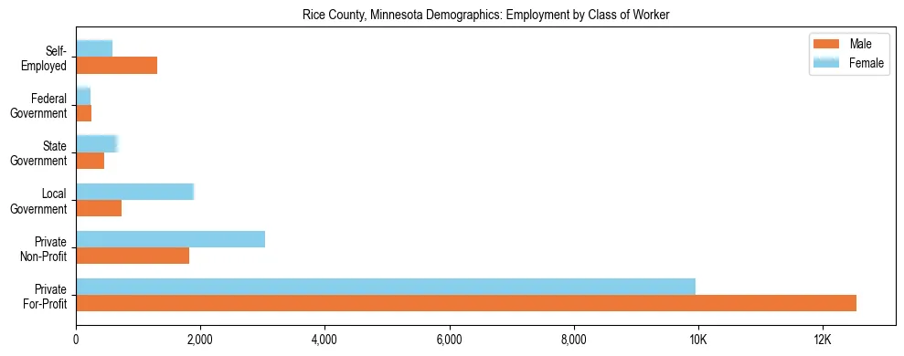 Horizontal bar chart showing employment distribution by class of worker and gender in Rice County, Minnesota, based on 2023 ACS data.