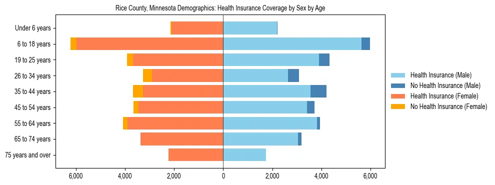 Pyramid chart showing health insurance coverage by age and sex in Rice County, Minnesota.