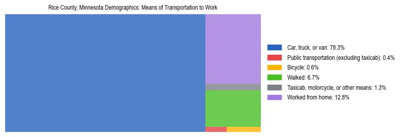 Treemap showing means of transportation to work distribution in Rice County, Minnesota.