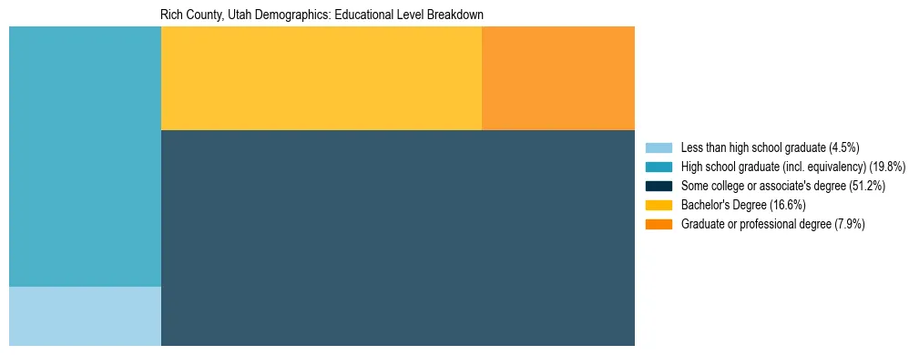 Treemap chart illustrating the educational attainment breakdown for population 25 years and over in Rich County, Utah.