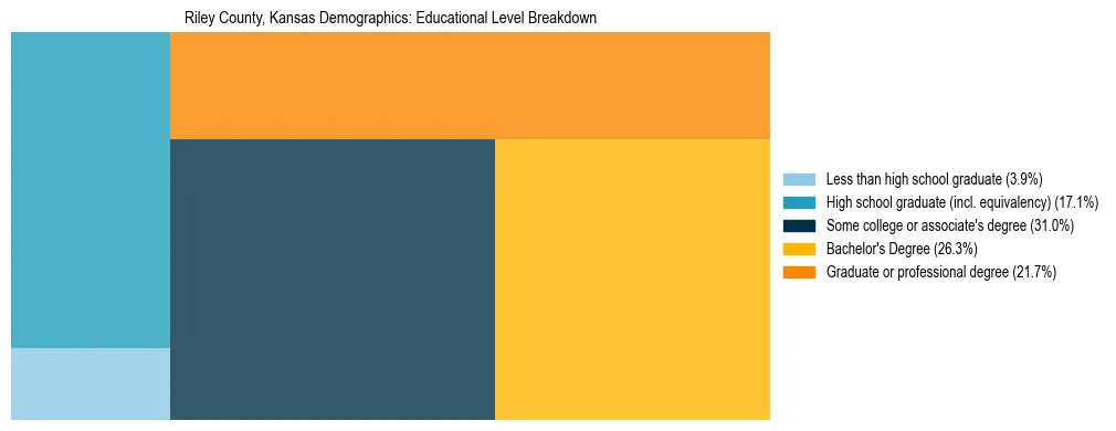Treemap chart illustrating the educational attainment breakdown for population 25 years and over in Riley County, Kansas.