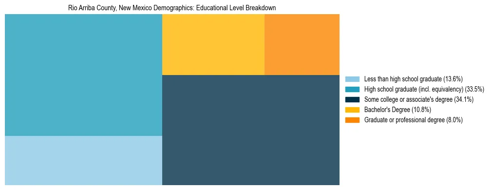 Treemap chart illustrating the educational attainment breakdown for population 25 years and over in Rio Arriba County, New Mexico.
