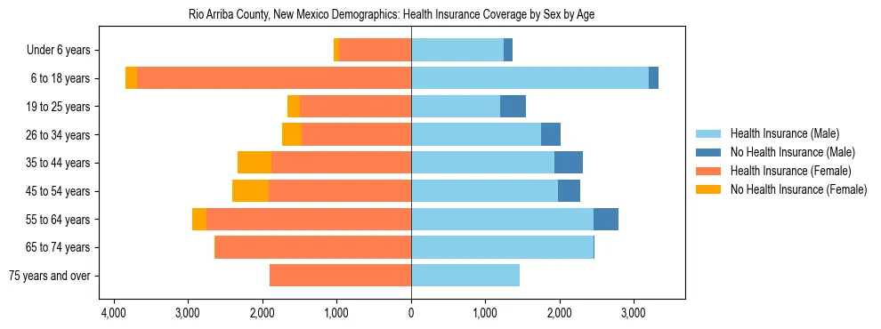 Pyramid chart showing health insurance coverage by age and sex in Rio Arriba County, New Mexico.