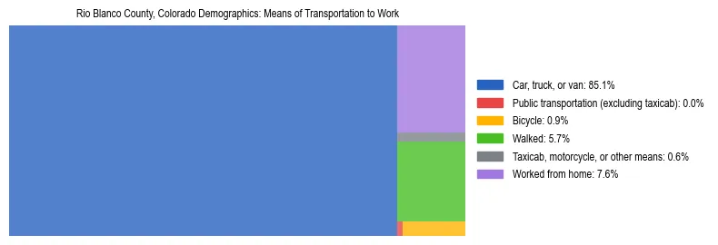 Treemap showing means of transportation to work distribution in Rio Blanco County, Colorado.