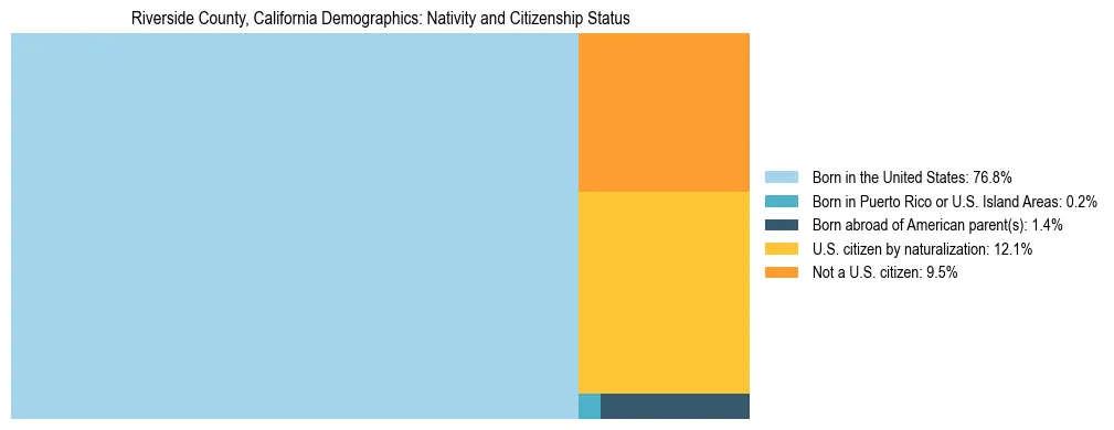 Treemap showing the population distribution by nativity and citizenship status in Riverside County, California based on U.S. Census data.