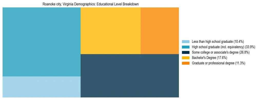 Treemap chart illustrating the educational attainment breakdown for population 25 years and over in Roanoke city, Virginia.