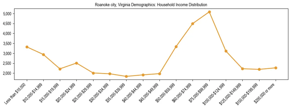 Horizontal bar chart showing household income distribution in Roanoke city, Virginia.