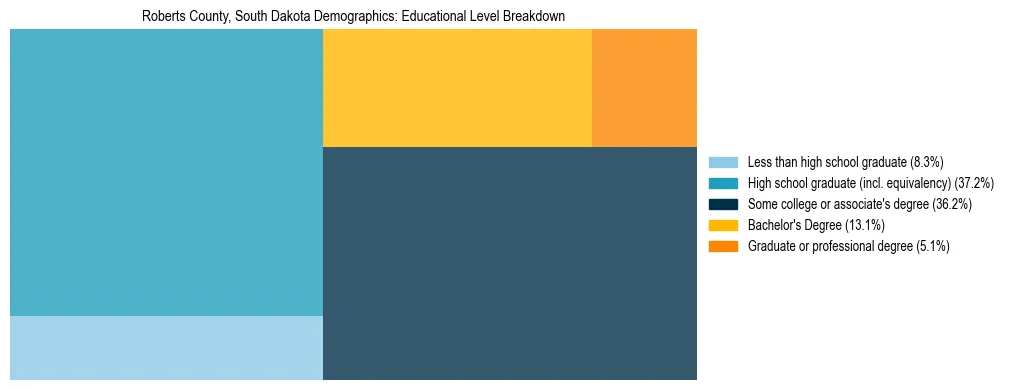 Treemap chart illustrating the educational attainment breakdown for population 25 years and over in Roberts County, South Dakota.