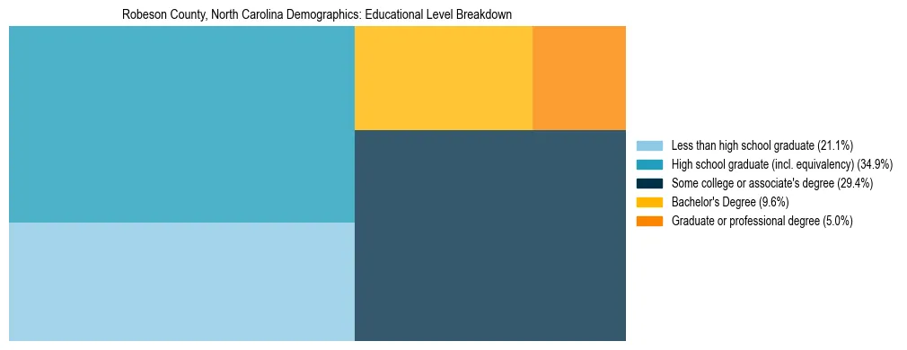 Treemap chart illustrating the educational attainment breakdown for population 25 years and over in Robeson County, North Carolina.