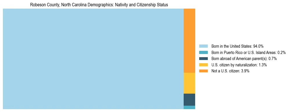 Treemap showing the population distribution by nativity and citizenship status in Robeson County, North Carolina based on U.S. Census data.