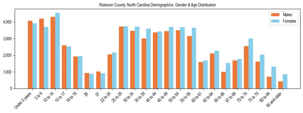 Bar chart showing the population distribution of Robeson County, North Carolina by age group and gender, based on 2023 ACS data.