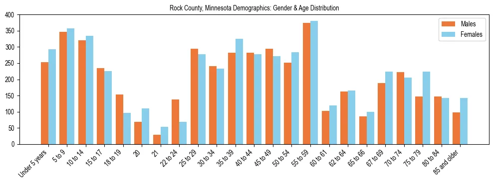 Bar chart showing the population distribution of Rock County, Minnesota by age group and gender, based on 2023 ACS data.
