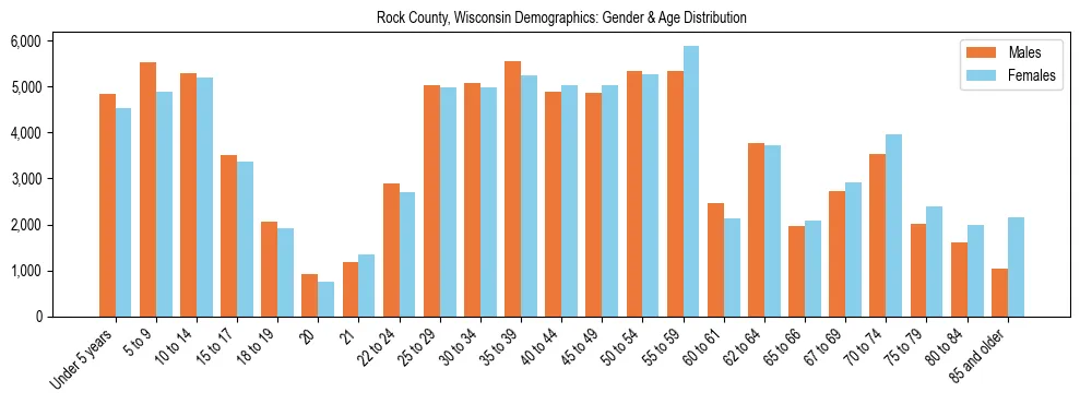 Bar chart showing the population distribution of Rock County, Wisconsin by age group and gender, based on 2023 ACS data.