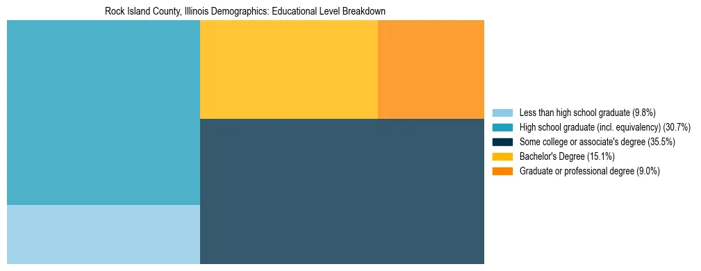 Treemap chart illustrating the educational attainment breakdown for population 25 years and over in Rock Island County, Illinois.