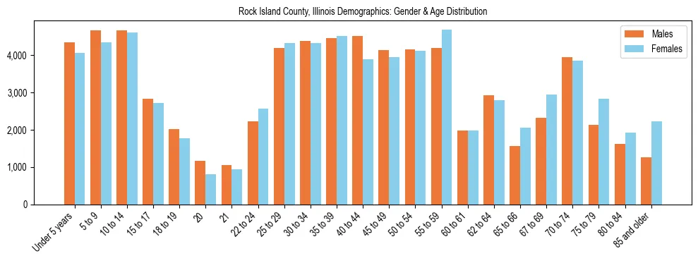 Bar chart showing the population distribution of Rock Island County, Illinois by age group and gender, based on 2023 ACS data.