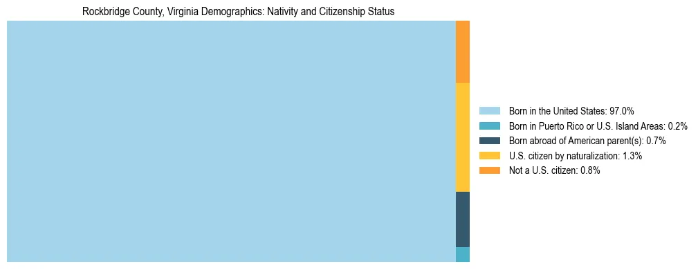 Treemap showing the population distribution by nativity and citizenship status in Rockbridge County, Virginia based on U.S. Census data.