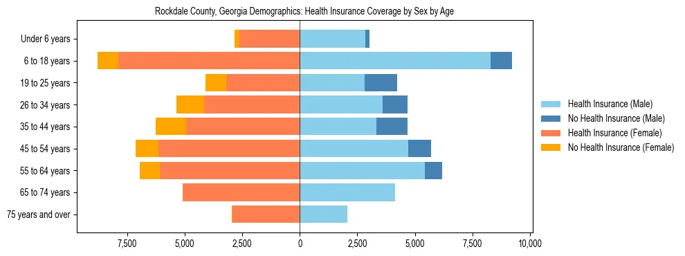Pyramid chart showing health insurance coverage by age and sex in Rockdale County, Georgia.