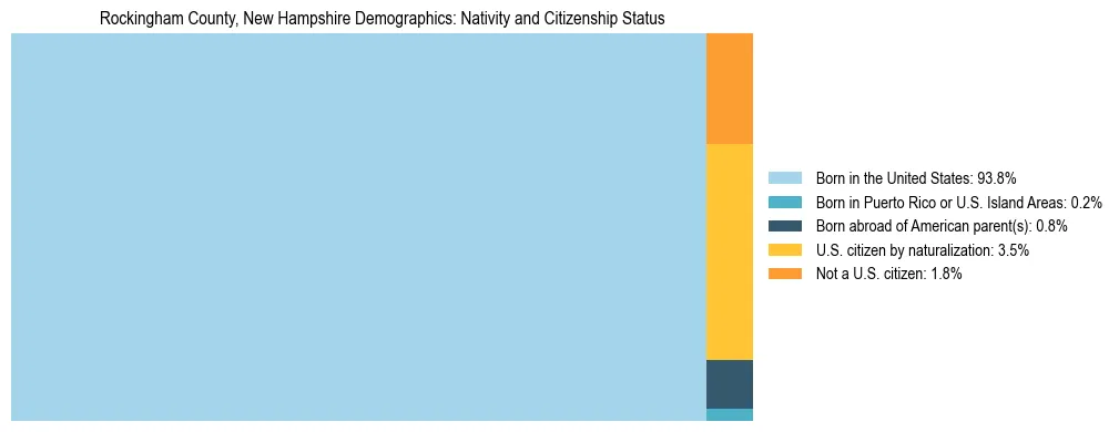Treemap showing the population distribution by nativity and citizenship status in Rockingham County, New Hampshire based on U.S. Census data.