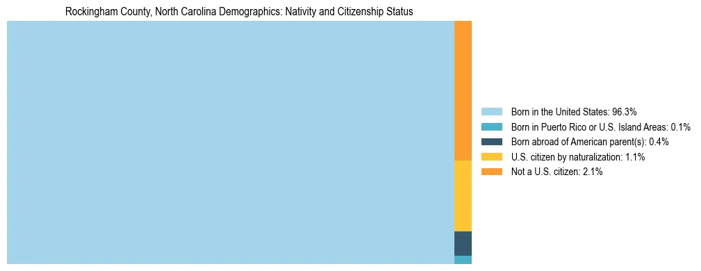 Treemap showing the population distribution by nativity and citizenship status in Rockingham County, North Carolina based on U.S. Census data.