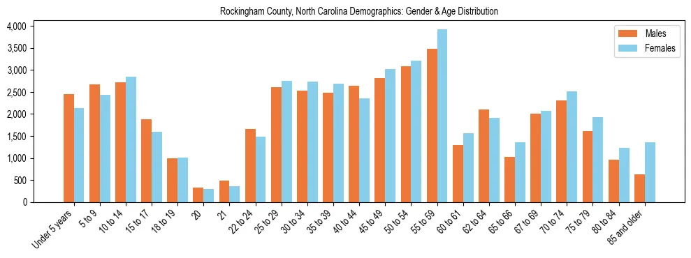 Bar chart showing the population distribution of Rockingham County, North Carolina by age group and gender, based on 2023 ACS data.