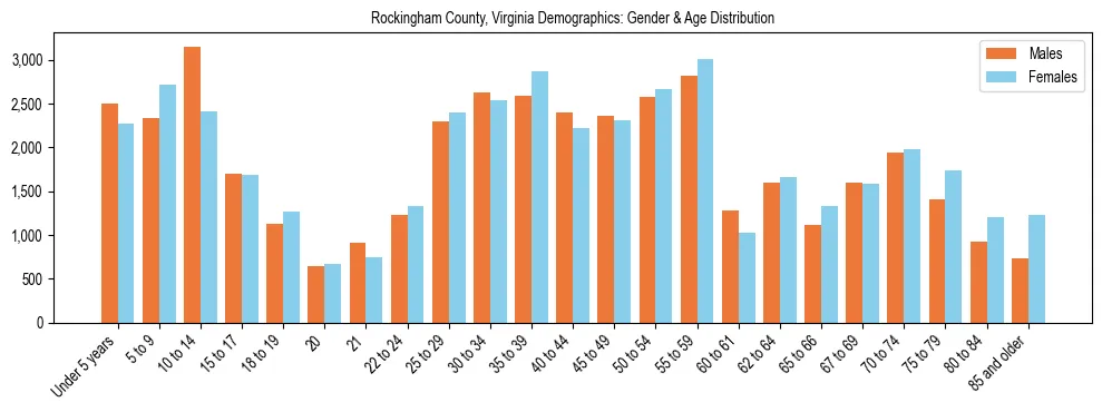 Bar chart showing the population distribution of Rockingham County, Virginia by age group and gender, based on 2023 ACS data.