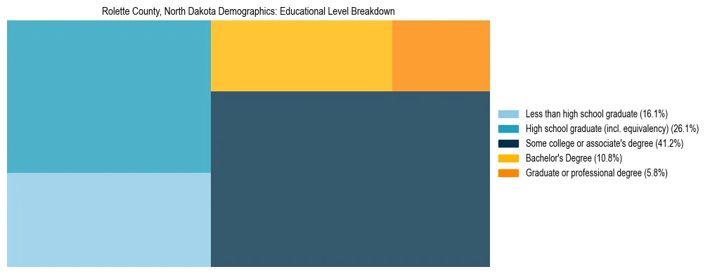 Treemap chart illustrating the educational attainment breakdown for population 25 years and over in Rolette County, North Dakota.