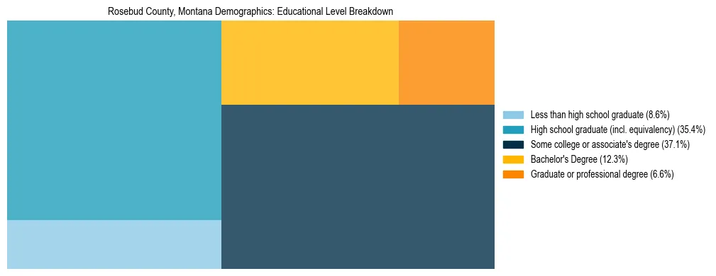 Treemap chart illustrating the educational attainment breakdown for population 25 years and over in Rosebud County, Montana.