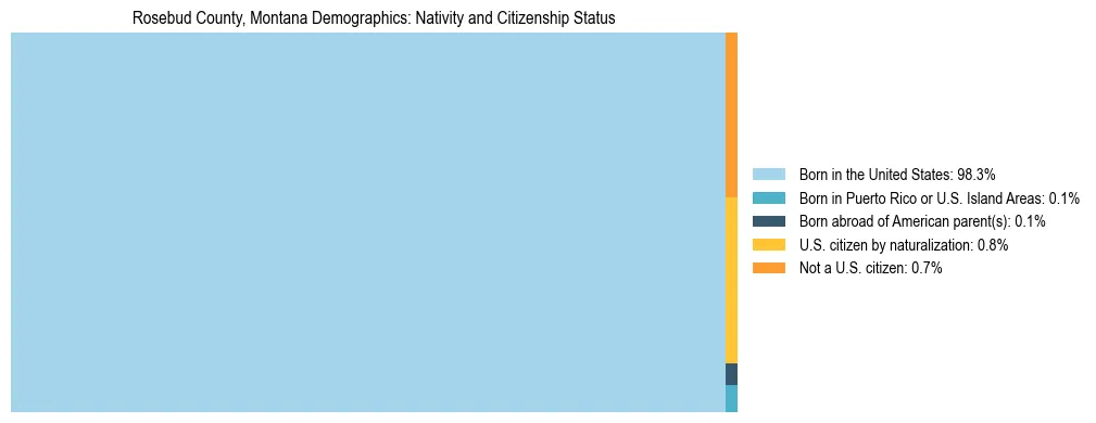 Treemap showing the population distribution by nativity and citizenship status in Rosebud County, Montana based on U.S. Census data.