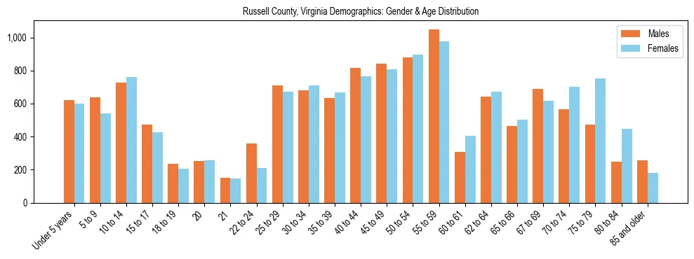 Bar chart showing the population distribution of Russell County, Virginia by age group and gender, based on 2023 ACS data.