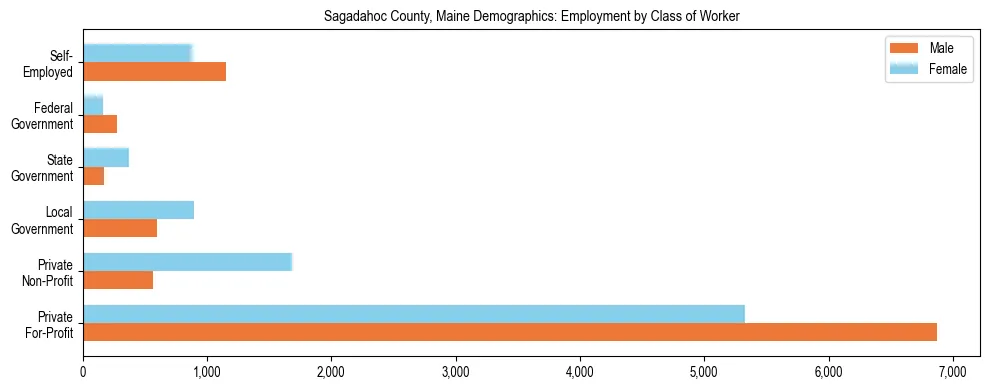 Bar chart showing employment distribution by class of worker (Private, Government, Self-Employed) in Sagadahoc County, Maine based on 2023 ACS data.