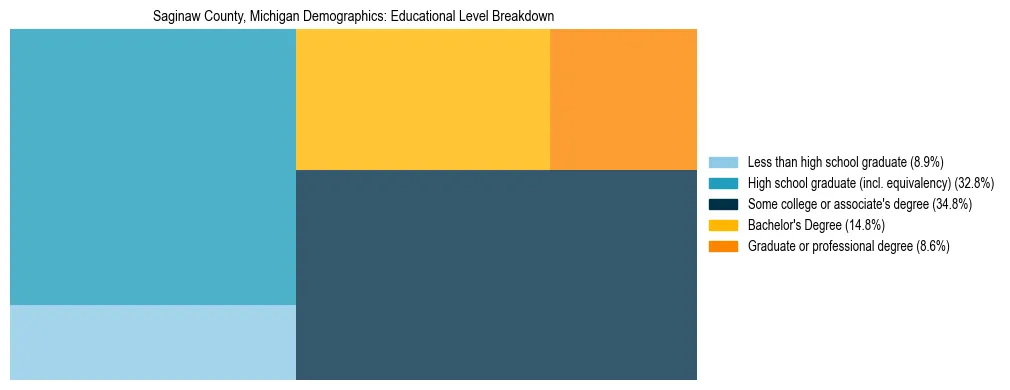 Treemap chart illustrating the educational attainment breakdown for population 25 years and over in Saginaw County, Michigan.