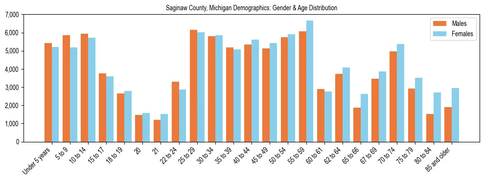 Bar chart showing the population distribution of Saginaw County, Michigan by age group and gender, based on 2023 ACS data.